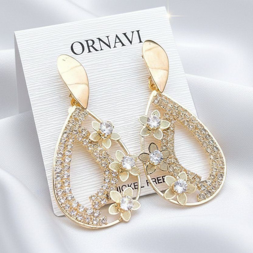 Ornavi Floral Bloom Crystal-Encrusted Drop Earrings