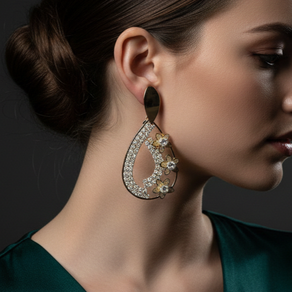 Ornavi Floral Bloom Crystal-Encrusted Drop Earrings