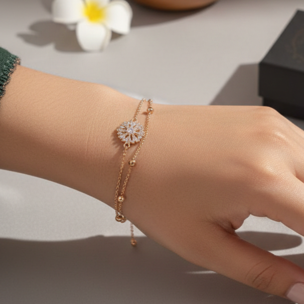 Gul-e-Zarrin Rose Gold Floral Bracelet – Double-Layered Zircon Charm