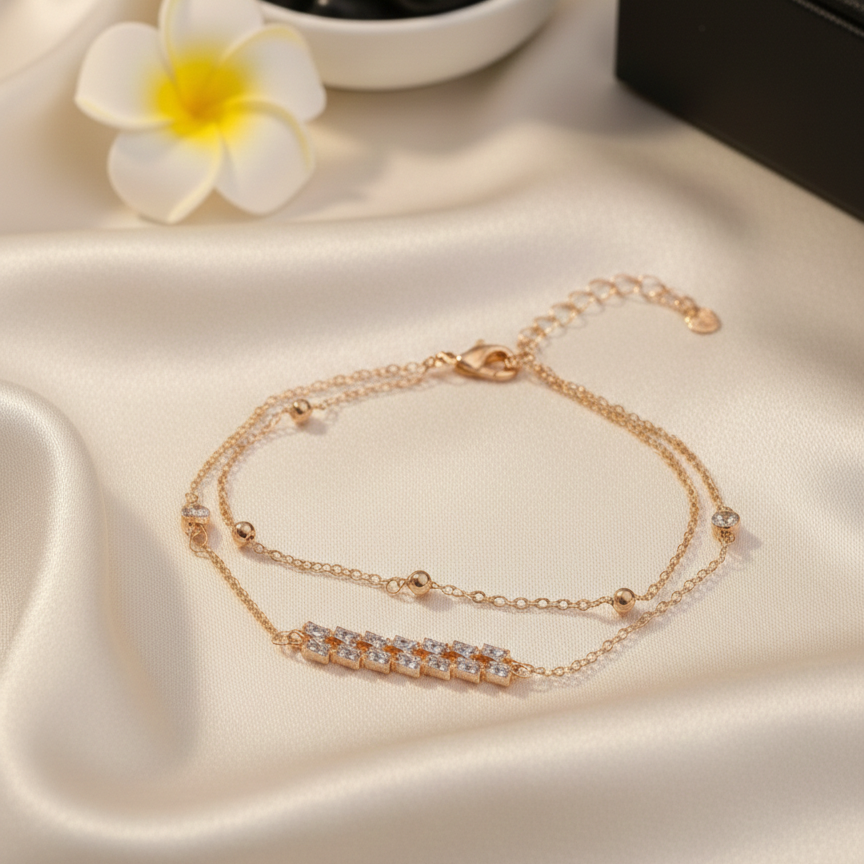 Maya Baguette Zircon Double-Layered Bracelet – Rose Gold Finish