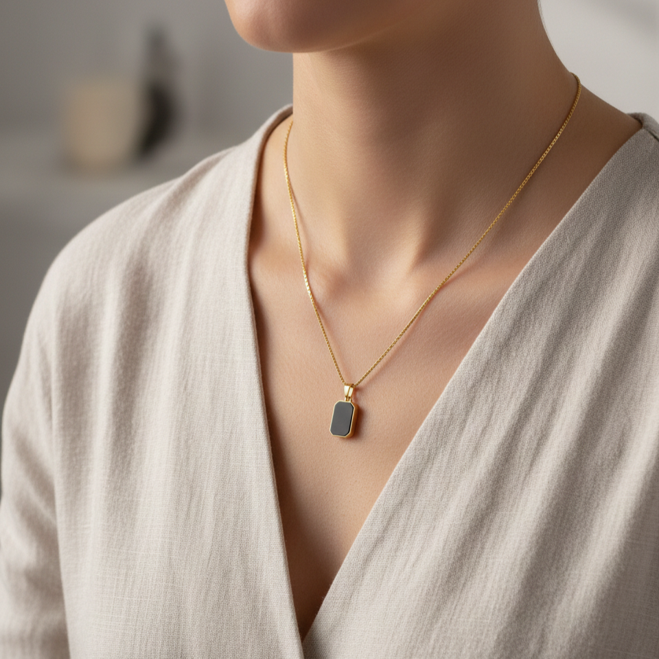 The Noir Emerald-Cut Pendant – Minimalist Black Onyx Necklace in 18K Gold Plated Finish