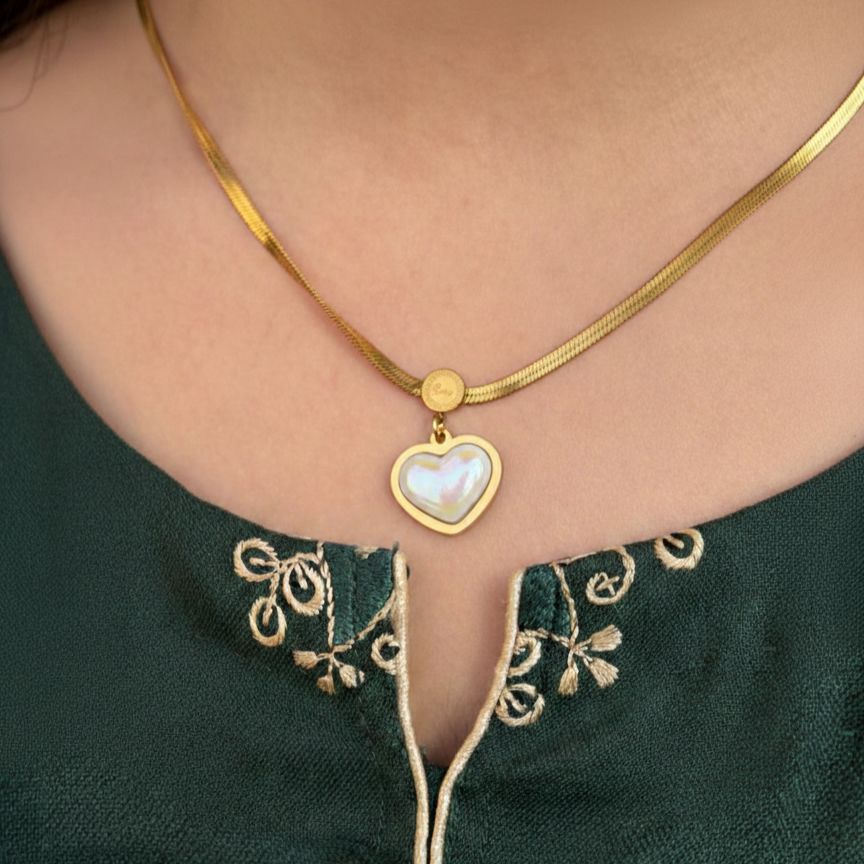 Dil-e-Noor Mother of Pearl Heart Necklace – 18K Gold Plated Herringbone Chain
