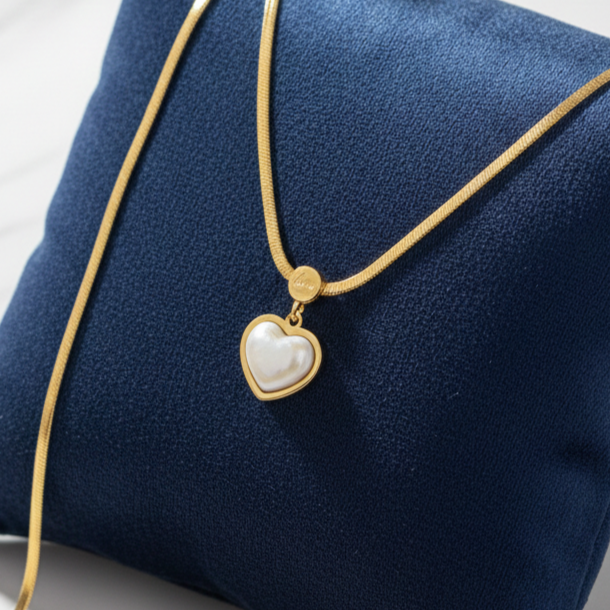 Dil-e-Noor Mother of Pearl Heart Necklace – 18K Gold Plated Herringbone Chain