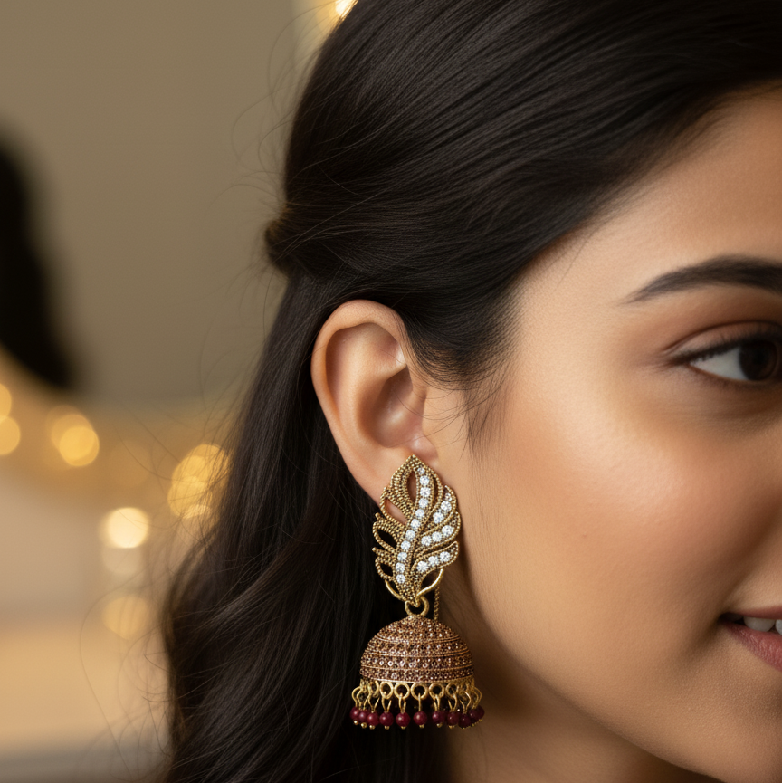 Gold-plated Pakistani Jhumka earrings with white stone leaf and maroon bead drops.