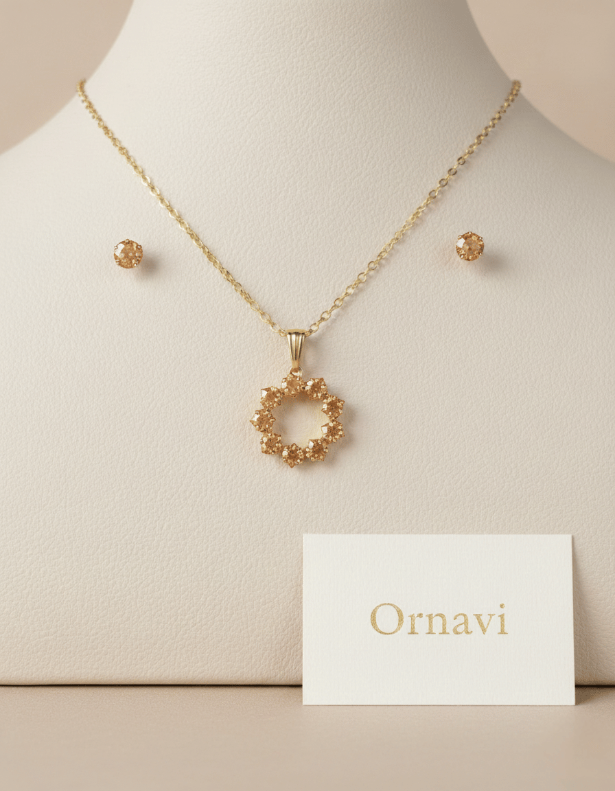 Gold necklace and earrings on a mannequin with 'Ornavi' card