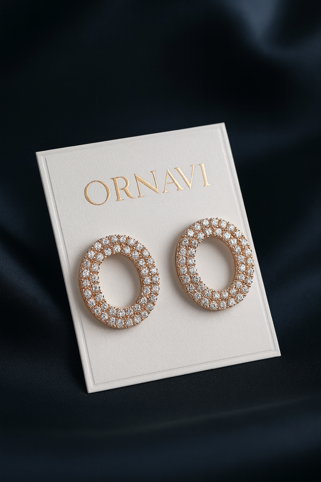 Ornate earrings on a 'ORNAVI' branded card against a dark background