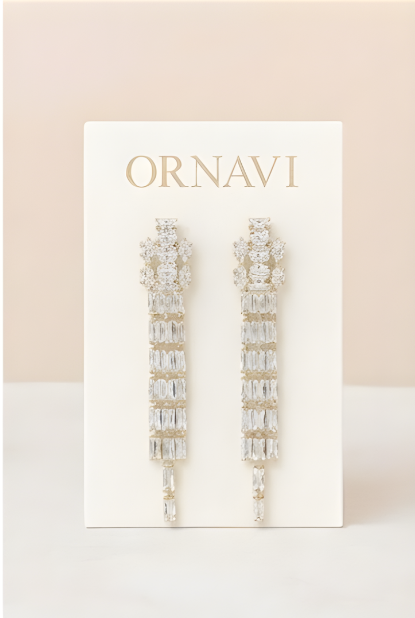 Ornate earrings on a white card with 'ORNAVI' branding against a light pink background