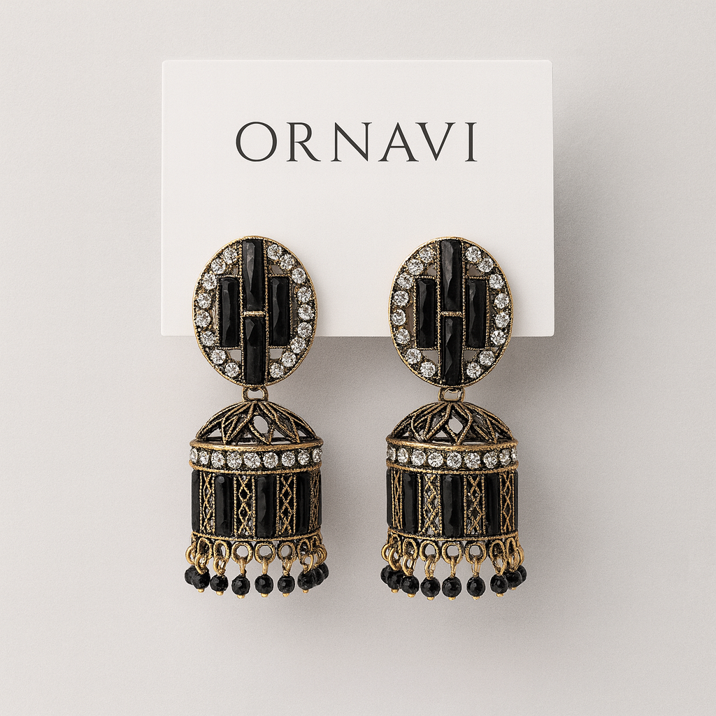 Ornate earrings with black and gold details on a white background with 'ORNAVI' branding.