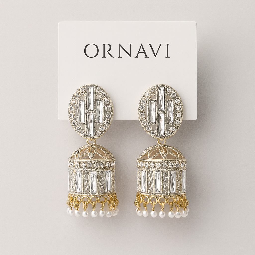 Ornate earrings with gold and crystal design on a white background with 'ORNAVI' branding.