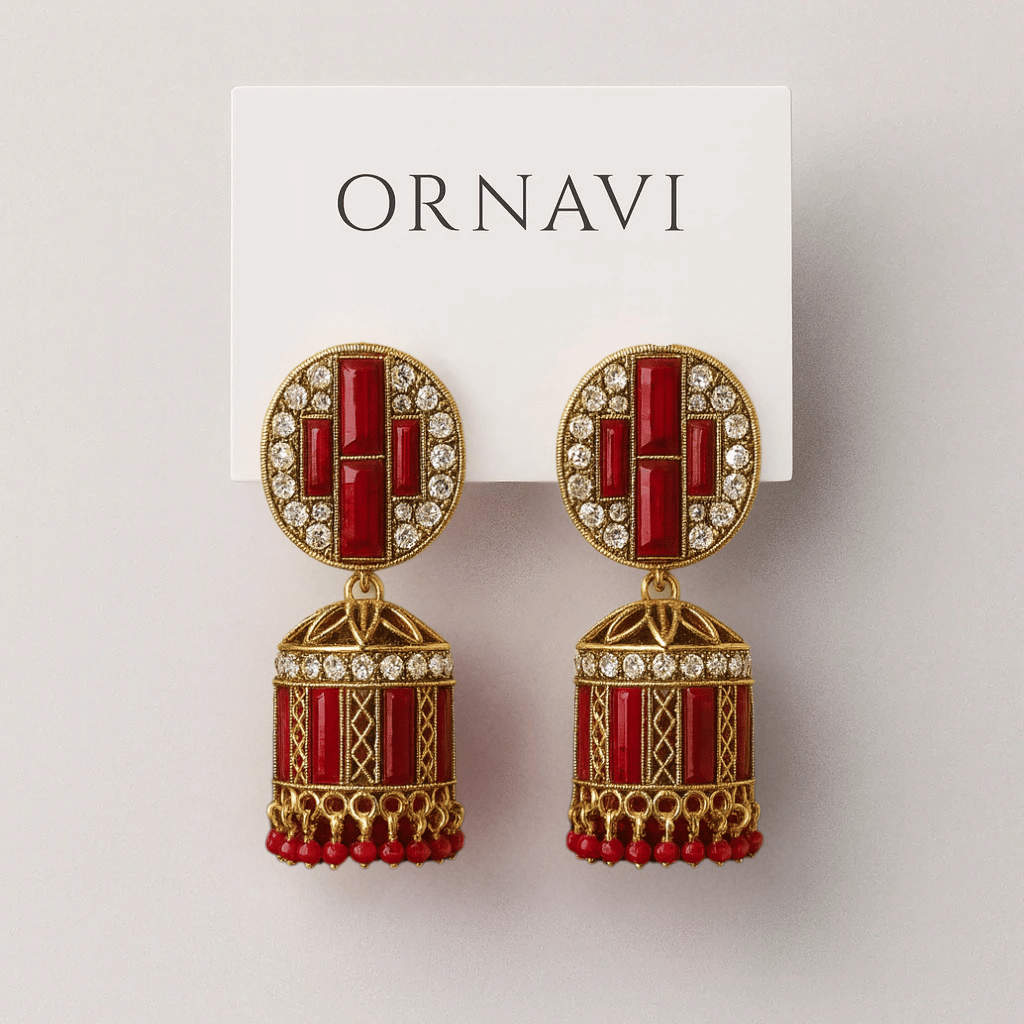 Ornate earrings with red and gold design on a white background with 'ORNAVI' branding.