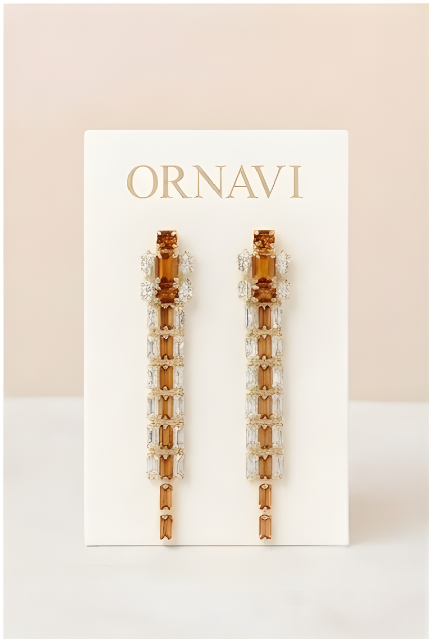 Pair of ornate earrings on a white card with 'ORNAVI' branding against a beige background.