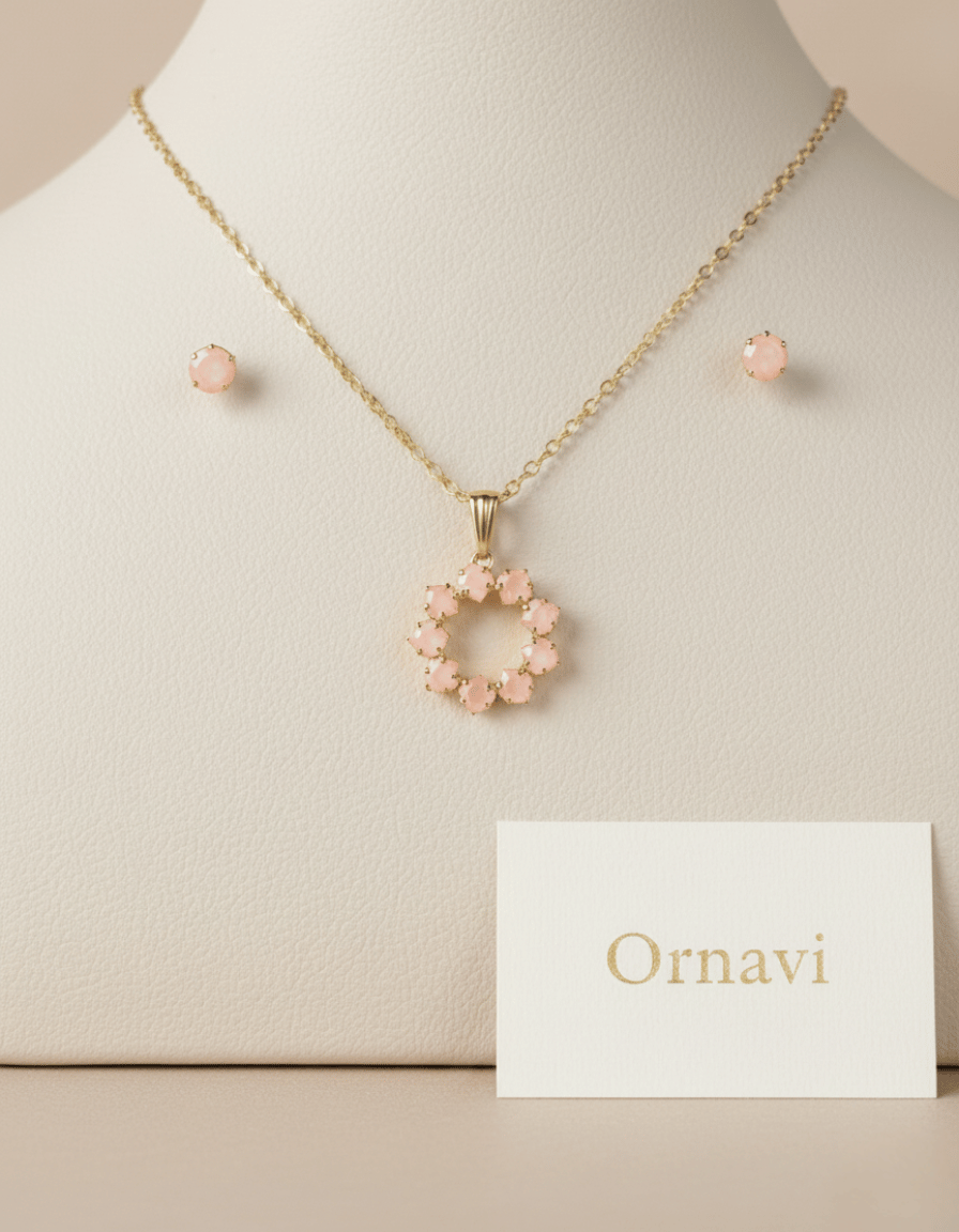 Pearl necklace and earrings on a mannequin with 'Ornavi' card
