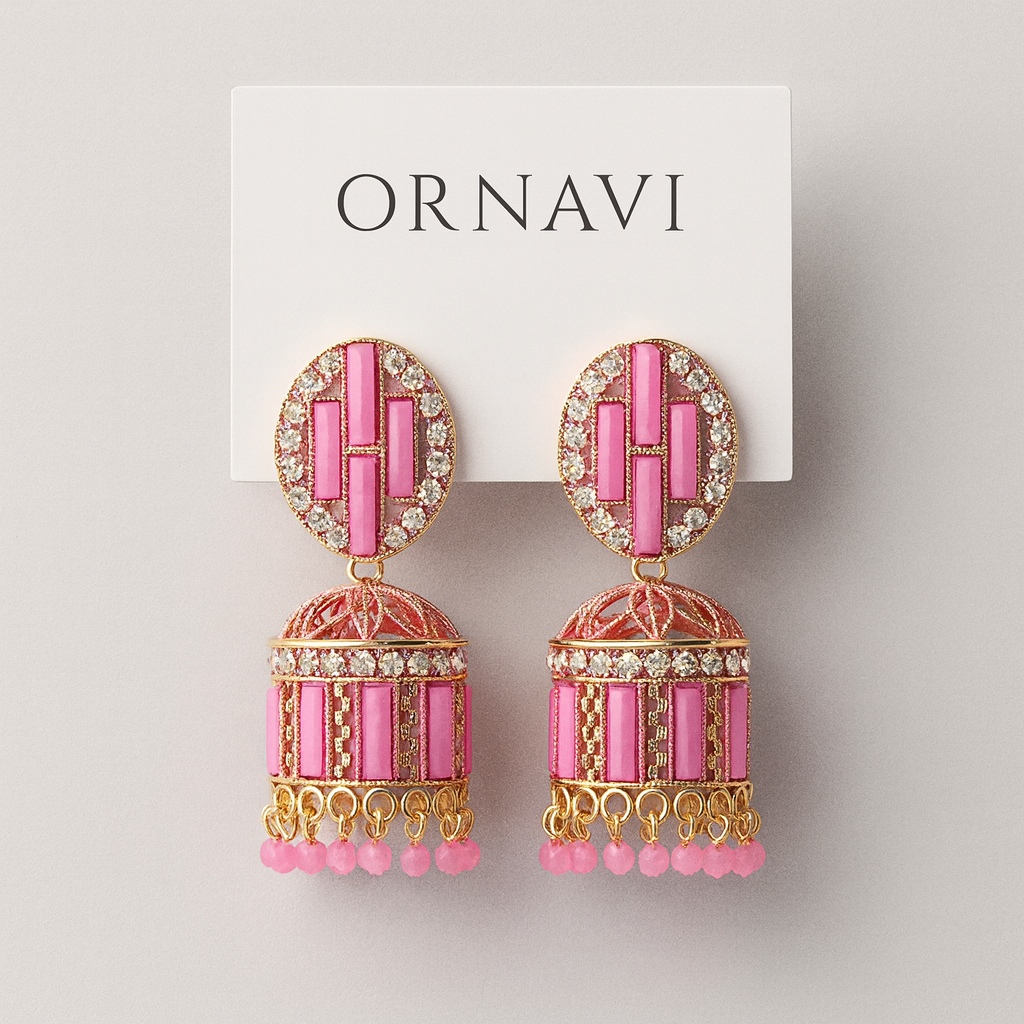 Pink and gold earrings on an ORNAVI branded card against a light gray background