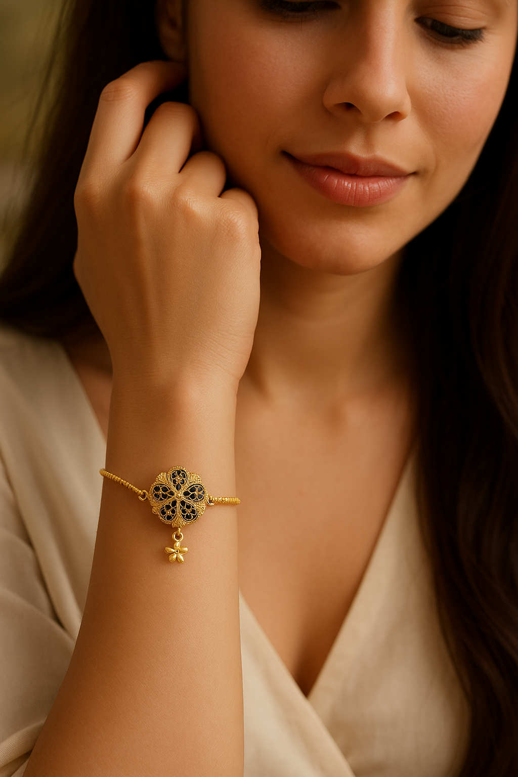 Woman wearing a gold bracelet with a floral design on her wrist.