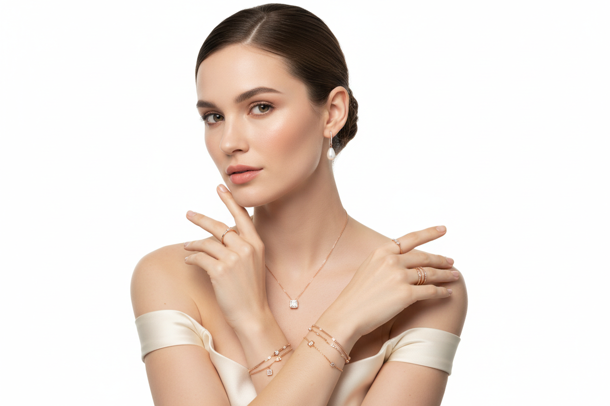 A clean, bright studio shot of a woman wearing delicate jewelry, white background, soft shadows, minimal modern aesthetic suitable for a premium jewelry brand homepage