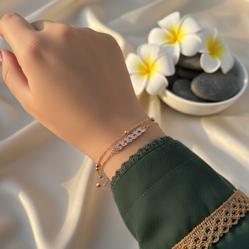 Maya Baguette Zircon Double-Layered Bracelet – Rose Gold Finish