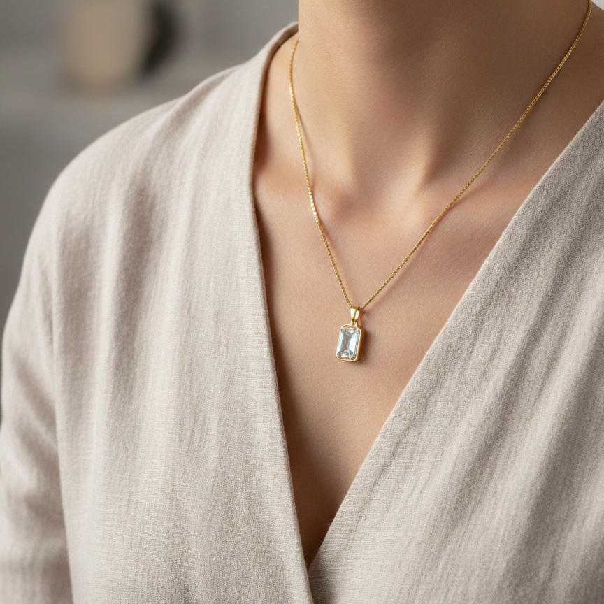 Noor Radiant Emerald-Cut Pendant – 18K Gold Plated Satellite Necklace