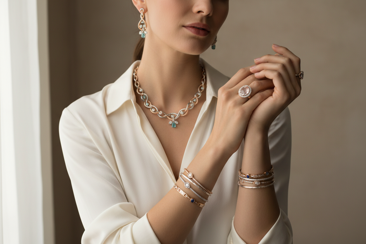 create  an image of girl wearing jewelry products 