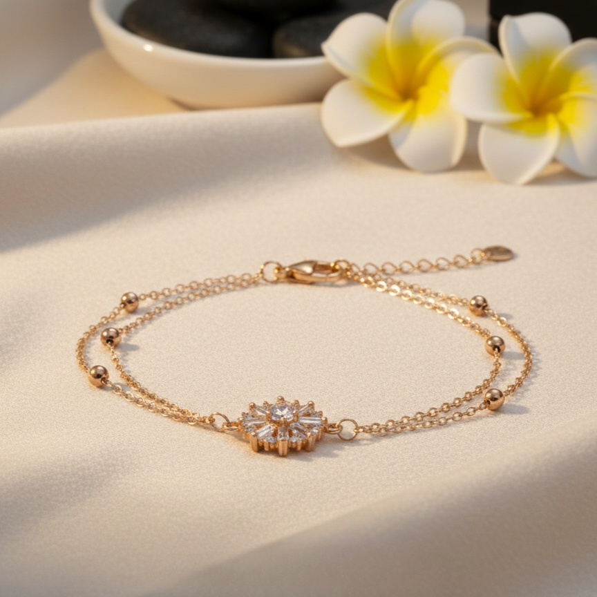Gul-e-Zarrin Rose Gold Floral Bracelet – Double-Layered Zircon Charm