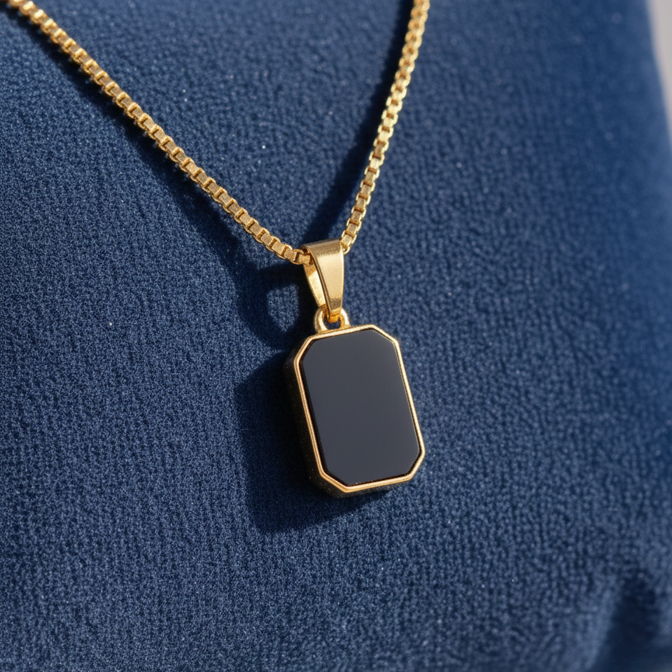 The Noir Emerald-Cut Pendant – Minimalist Black Onyx Necklace in 18K Gold Plated Finish