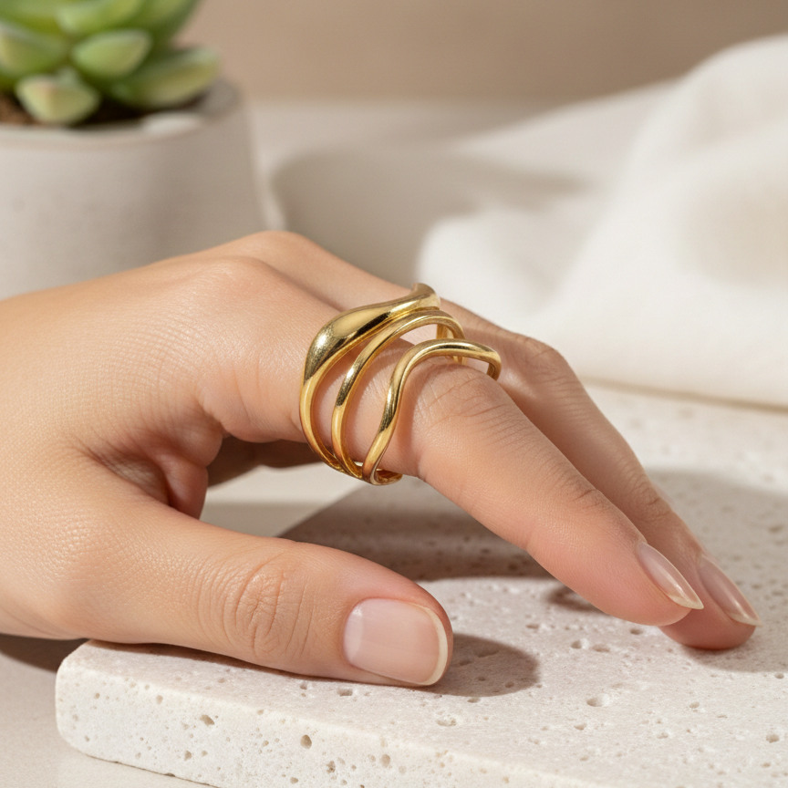 The Ornavi Wave Multi-Band Ring | Adjustable Gold Stainless Steel