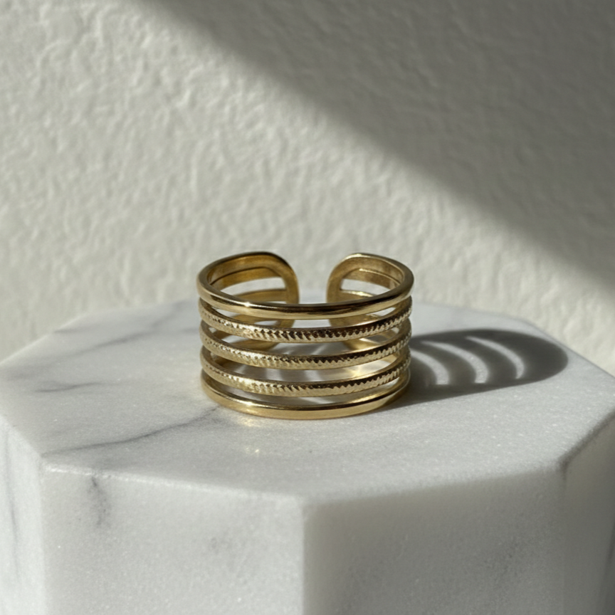 Ornavi 8-Row Illusion Stack Ring – Golden Stainless Steel (Adjustable)