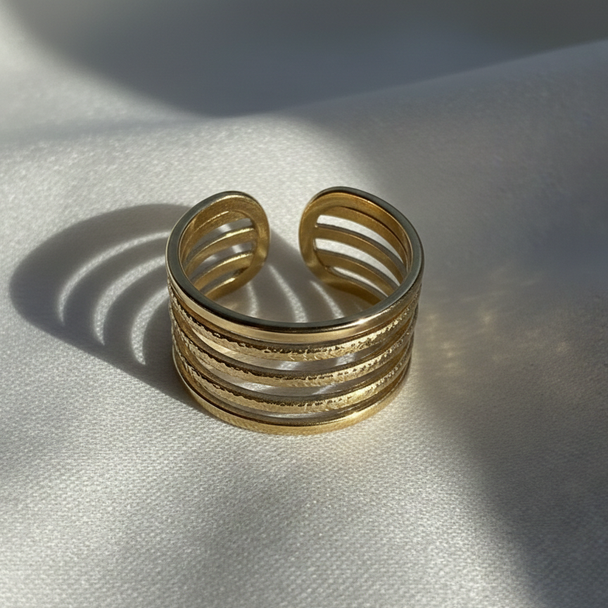 Ornavi 8-Row Illusion Stack Ring – Golden Stainless Steel (Adjustable)