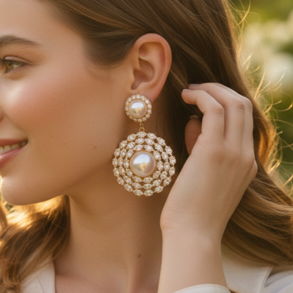 Eleonora Pavé Zircon & Pearl Drop Statement Earrings – Gold Finish