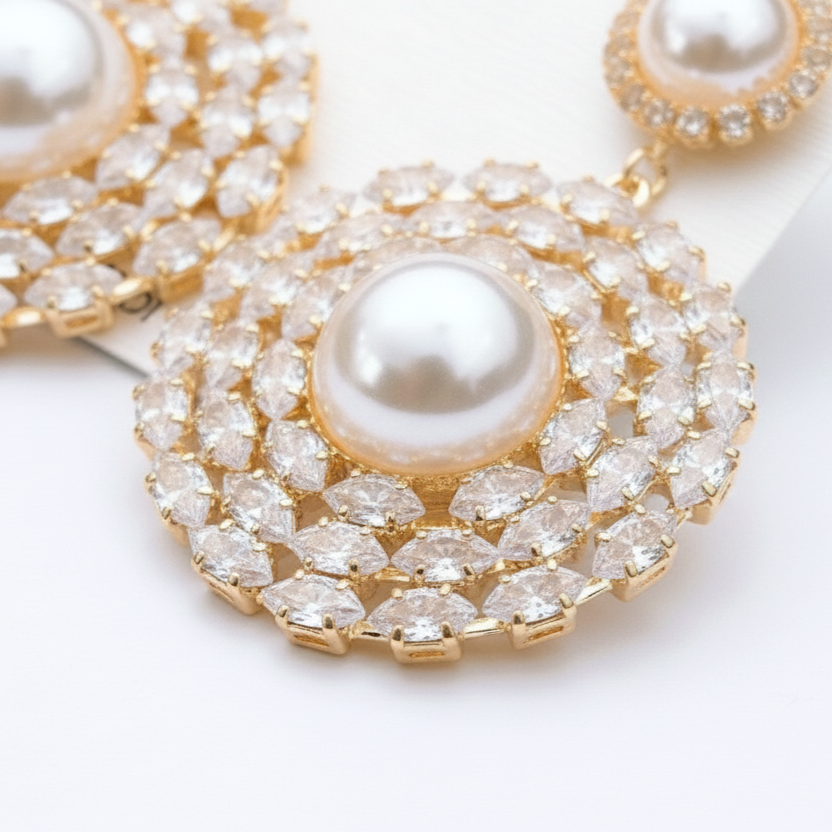 Eleonora Pavé Zircon & Pearl Drop Statement Earrings – Gold Finish